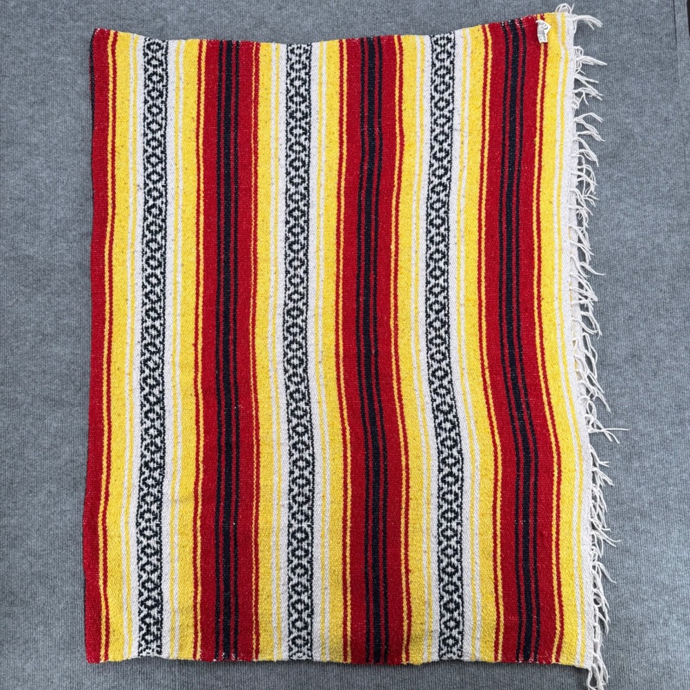 Frank's Textiles Mexican Serape Blanket Red Yellow Black Striped 41x64 Fringed